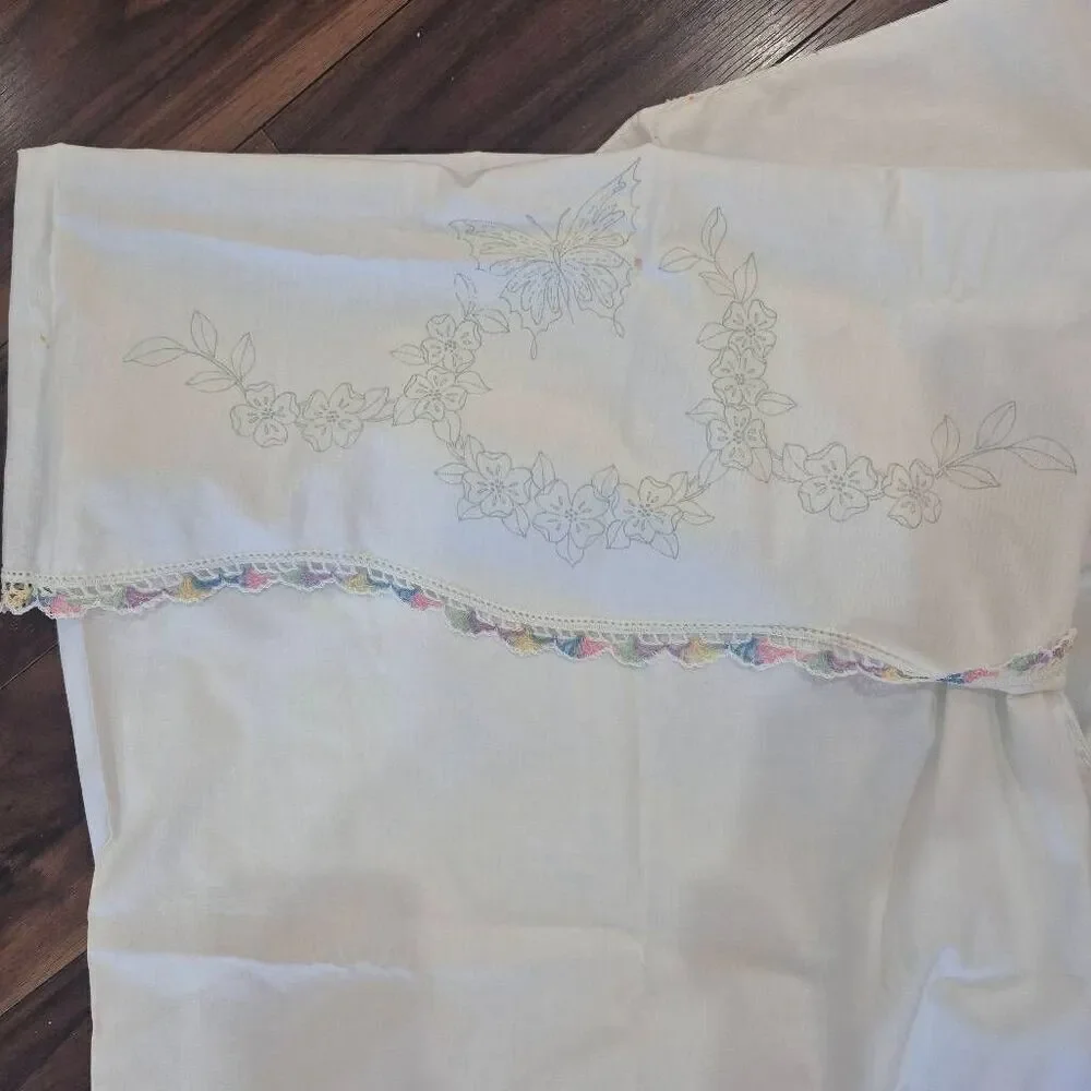 Pillowcases (2) White Cotton, Vintage, Crocheted Edge and Iron on Design that ne